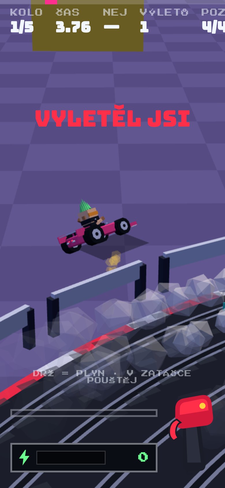The pink car pops out of the slot mid-corner and slides across the carpet