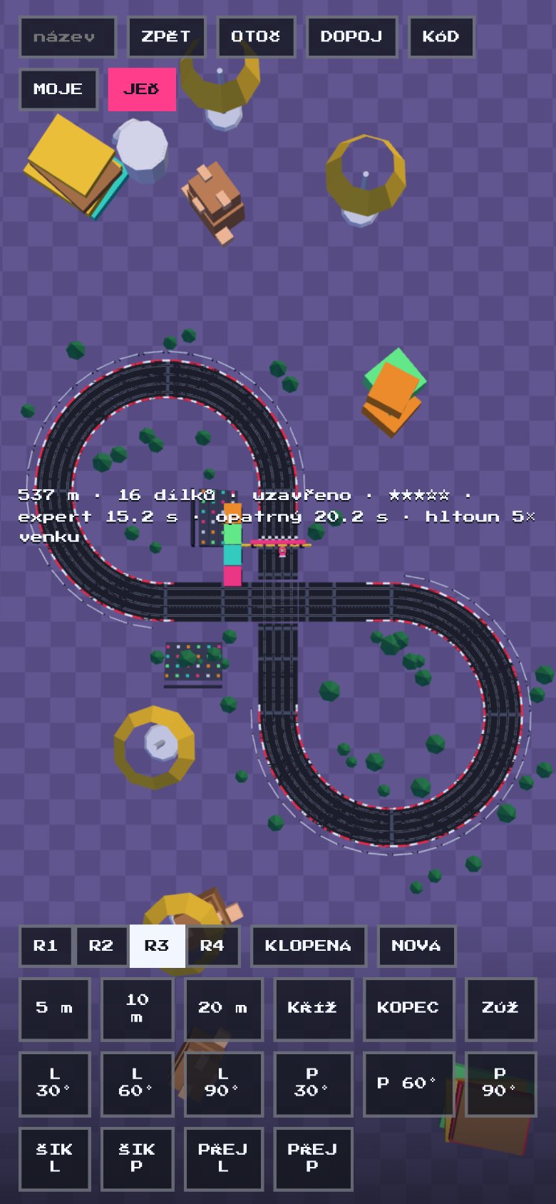 Track editor: a figure-eight on the carpet with the piece palette along the bottom