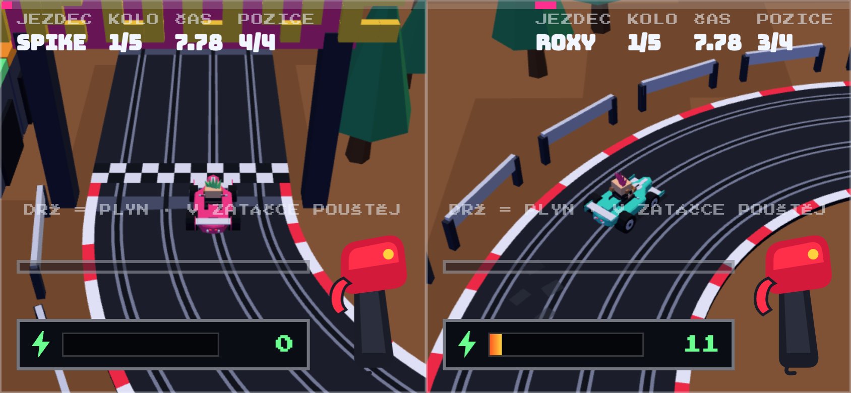 Split screen: Spike crossing the line on the left half, Roxy drifting through a corner on the right half